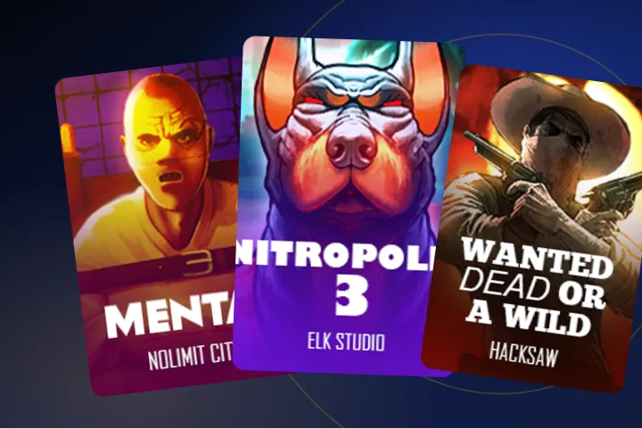 Skolim casino online – okładki automatów Mental, Nitropolis 3 i Wanted Dead or a Wild na granatowym tle